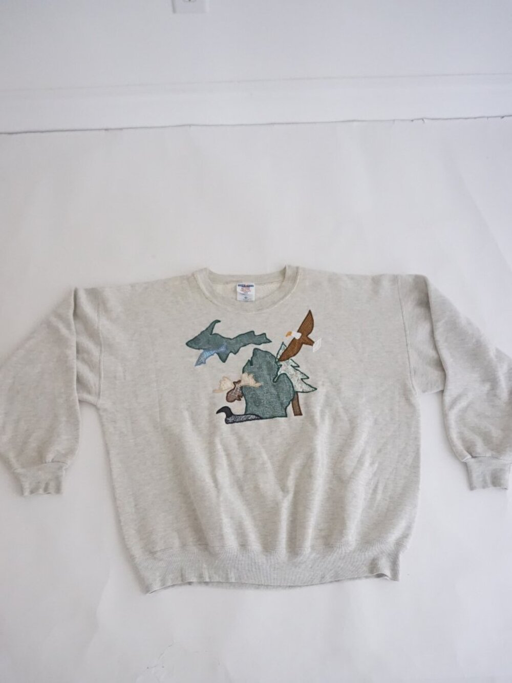 Vintage Jerzees Grey Michigan Wildlife Eagle Moose Loon Fish Cabin Sweater 2X